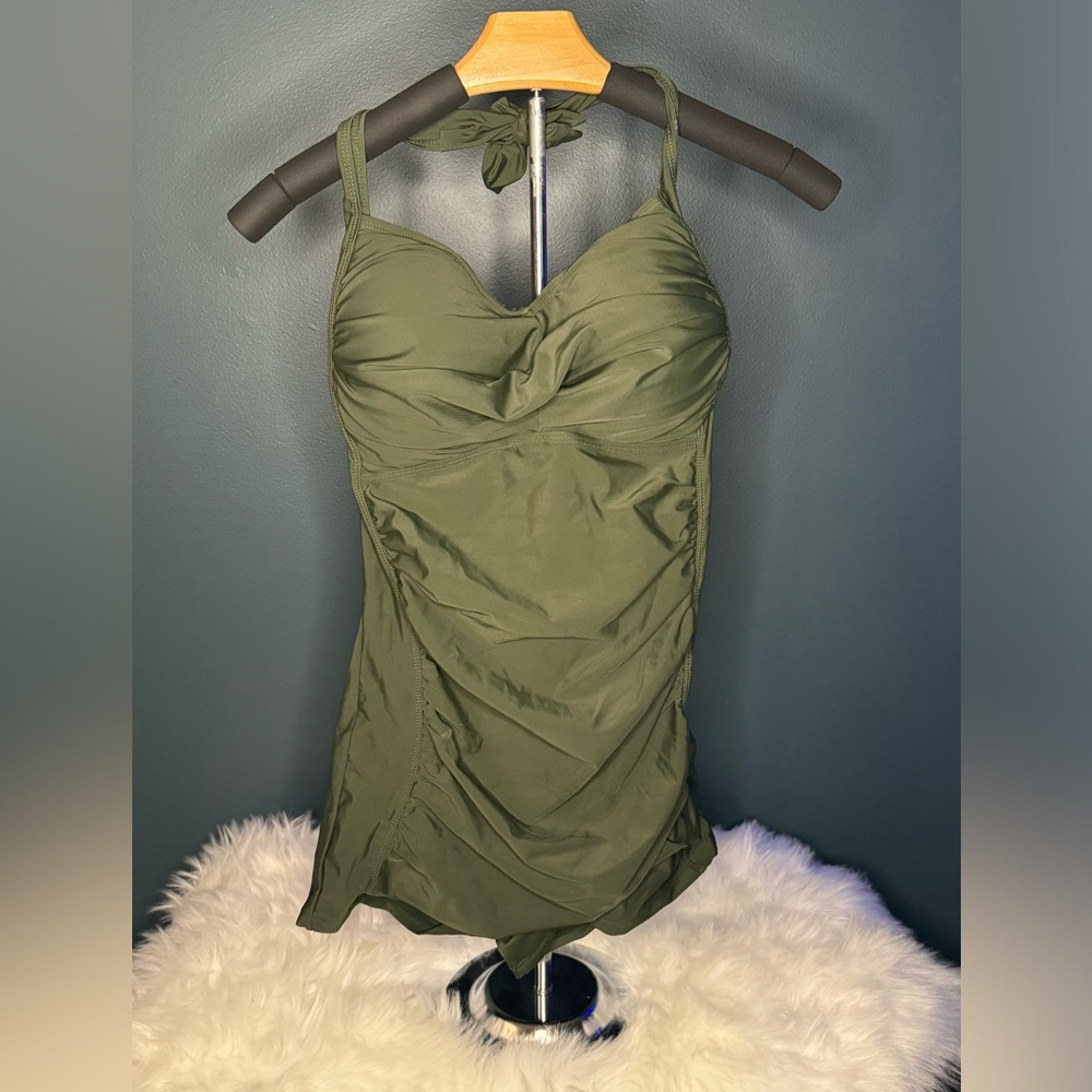 Tummy Control Halter Swimsuit One Piece Olive Vintage Style 2XL Fits like 1X